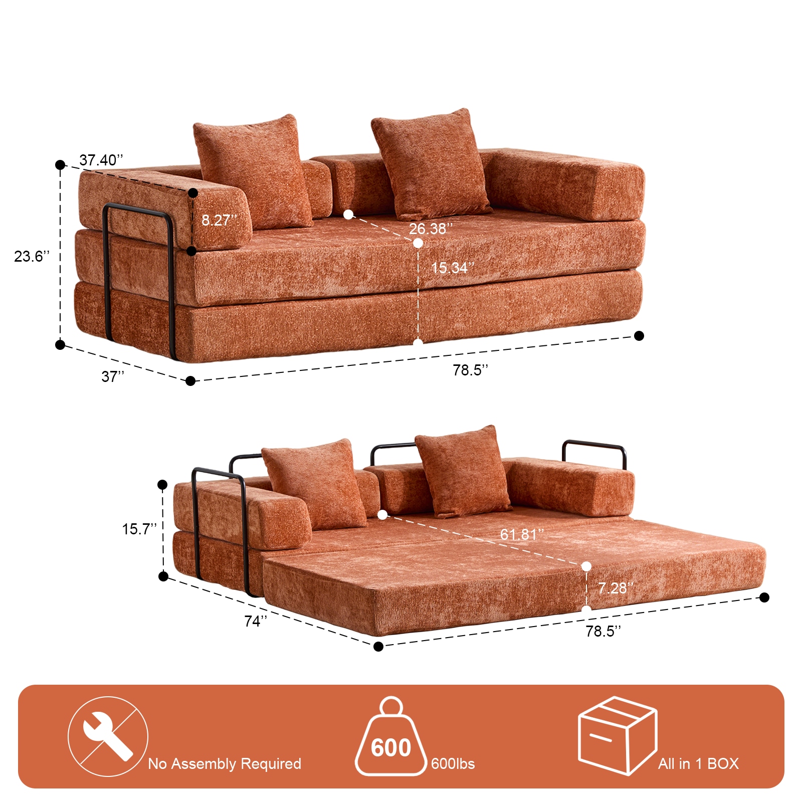 Floor Sofa Bed With Adjustable Backrest And Armrest Orange_voghion.com